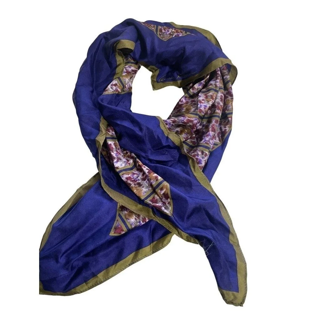 Square Silk Scarf Blue Multicolor Geometric Print With Green‎ Border